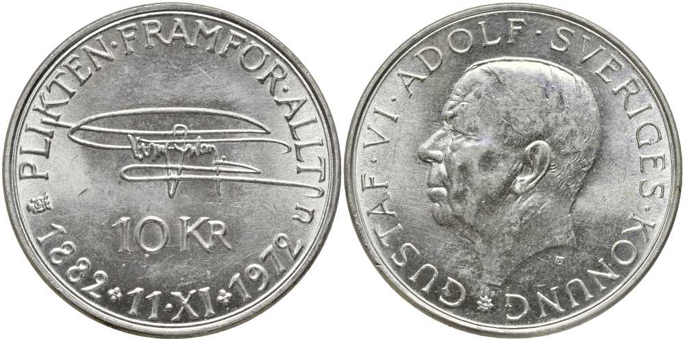 Швеция 10 крон 1972 U, 90 лет со дня рождения Густава VI Адольфа KM 847 серебро 180-634