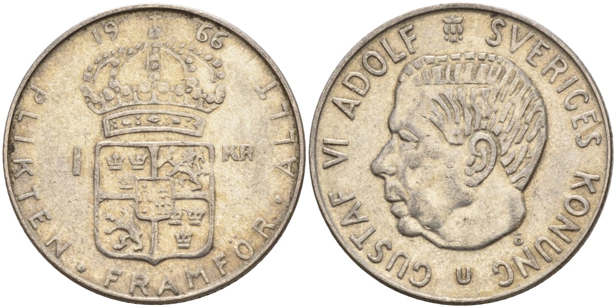 Швеция 1 крона 1966 U, Густав VI Адольф (1950-1973) KM 826 серебро 4150-212