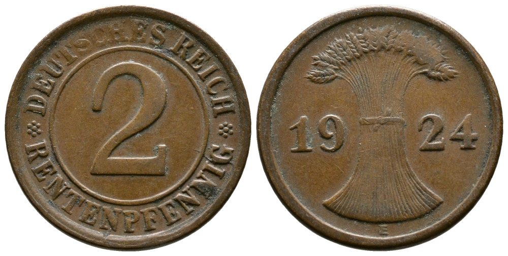 ГЕРМАНИЯ 2 РЕНТЕНПФЕННИГА 1924 E KM 31, J.307 бронза 86-1846