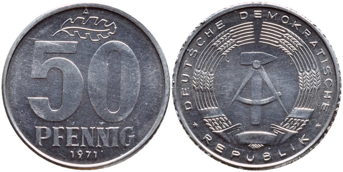 ГДР 50 пфеннигов 1971 A KM 12.2 алюминий UNC 76-1123