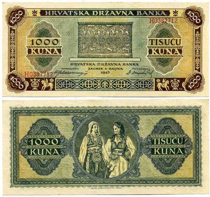ХОРВАТИЯ 1000 КУНА 1943 Pick 12 бумага 3295-39-2
