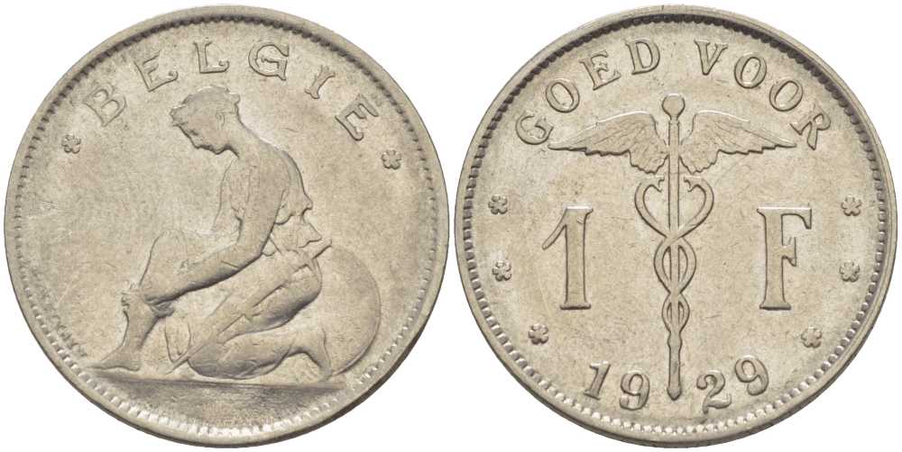 БЕЛЬГИЯ 1 ФРАНК 1929 BELGIE, АЛЬБЕРТ I (1909-1934) KM 90 никель 202-924