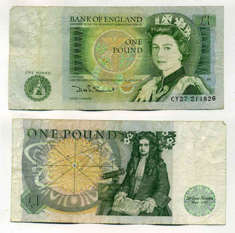 Англия 1 фунт ND (1978-1984) сэр Исаак Ньютон, черная подпись D.H.F. Somerset Pick 377 b бумага 8589-22-2-1
