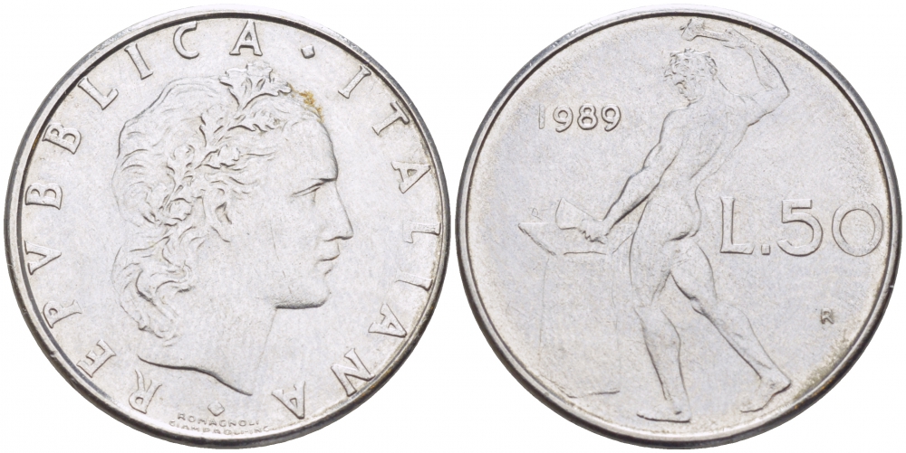 ИТАЛИЯ 50 ЛИР 1989 R, КУЗНЕЦ, ВУЛКАН БОГ ОГНЯ, ДИАМЕТР 25 ММ. KM 95.1 нержавеющая сталь 93-1132