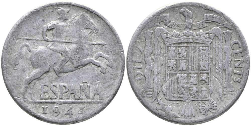 ИСПАНИЯ 10 СЕНТИМО 1941 РЫЦАРЬ НА КОНЕ KM 766 алюминий 110-922