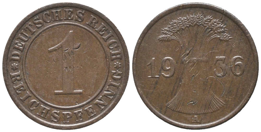 ГЕРМАНИЯ 1 РЕЙХСПФЕННИГ 1936 А KM 37, J. 313 бронза 100-912