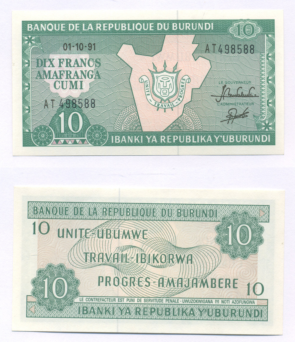 Бурунди 10 франков 1991 карта Бурунди Pick 33b бумага 7457-55-4