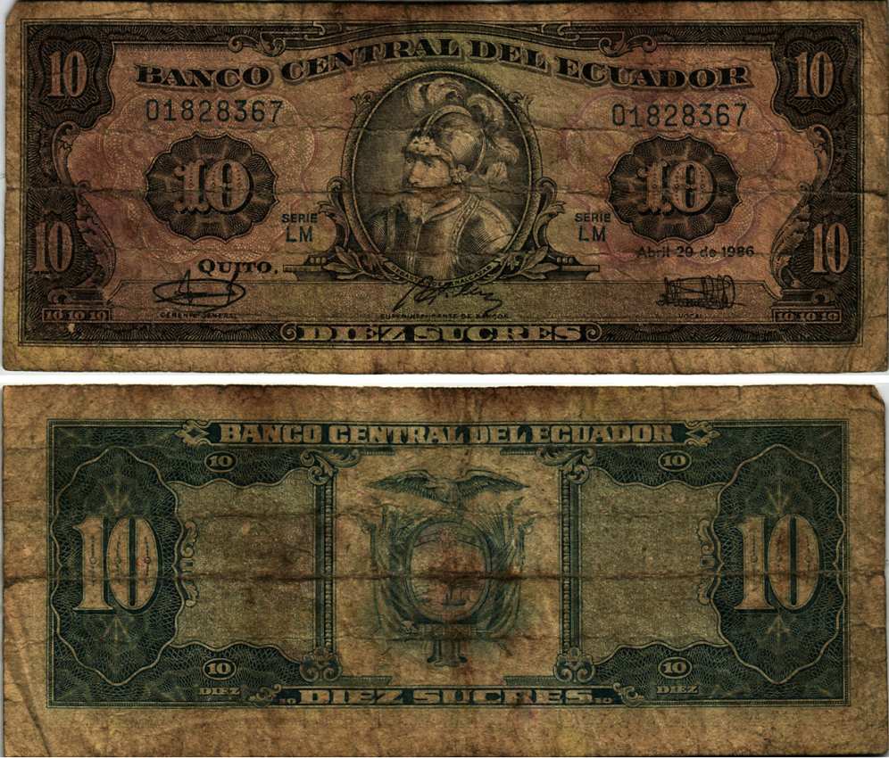 Эквадор 10 сукре 1986 Себастьян де Белалькасар, серия LM Pick 121 бумага 7221-6-2-1