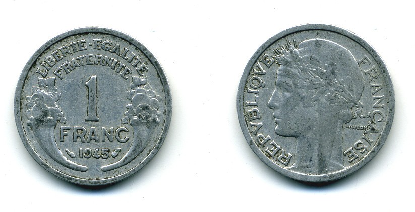 ФРАНЦИЯ 1 ФРАНК 1945 KM 885а.1 алюминий 84-452