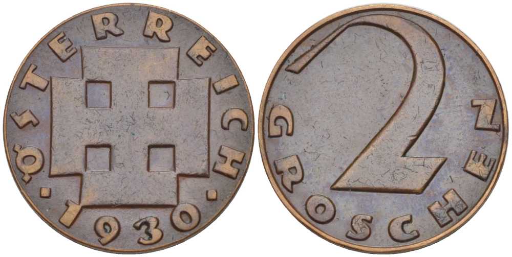 АВСТРИЯ 2 ГРОША 1930 ДОВОЕННАЯ ДЕСЯТИЧНАЯ ЧЕКАНКА KM 2837 бронза 201-215