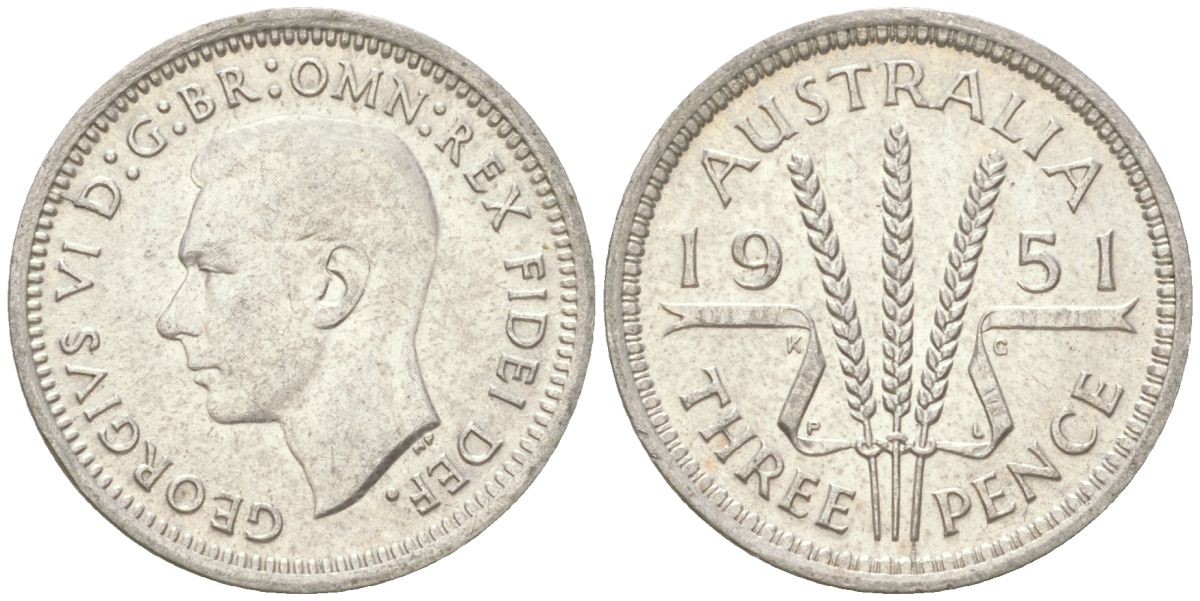 Австралия 3 пенса 1951 PL, Георг V (1936-1952) KM 44 серебро 4621-1225