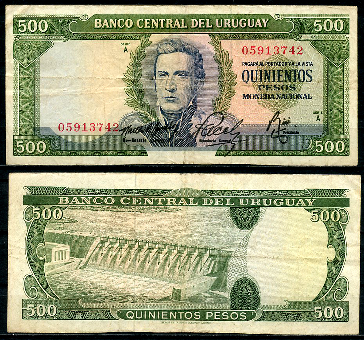 Уругвай 500 песо ND (1967) Хосе Хервасио Артигас, плотина ГЭС с водохранилищем Ринкон-дель-Монте на Рио-Негро, номер 059 Pick 48 a (4)  бумага   444-121-1-2