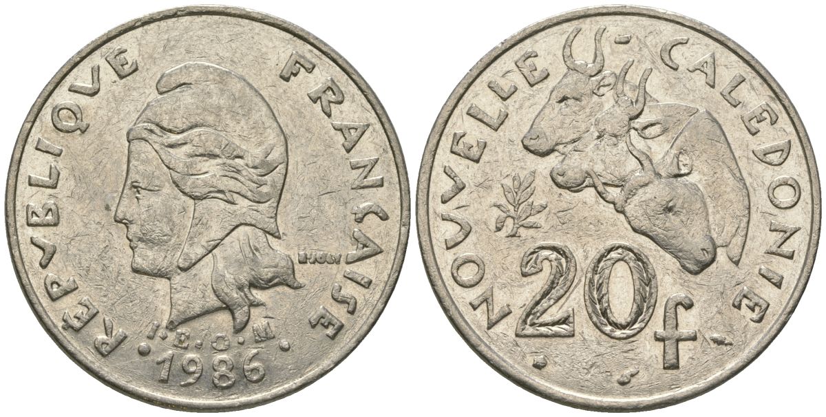 Французская Новая Каледония 20 франков 1986 три быка, (IEOM) KM 12, Schoen 14, Lec 112 никель 72-236