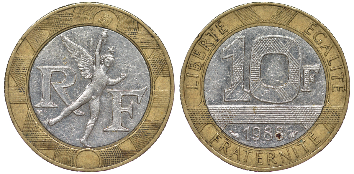 Франция 10 франков 1988 тип Гений Бастилии KM 964.1, Le Frank 375.2 биметалл 45-532