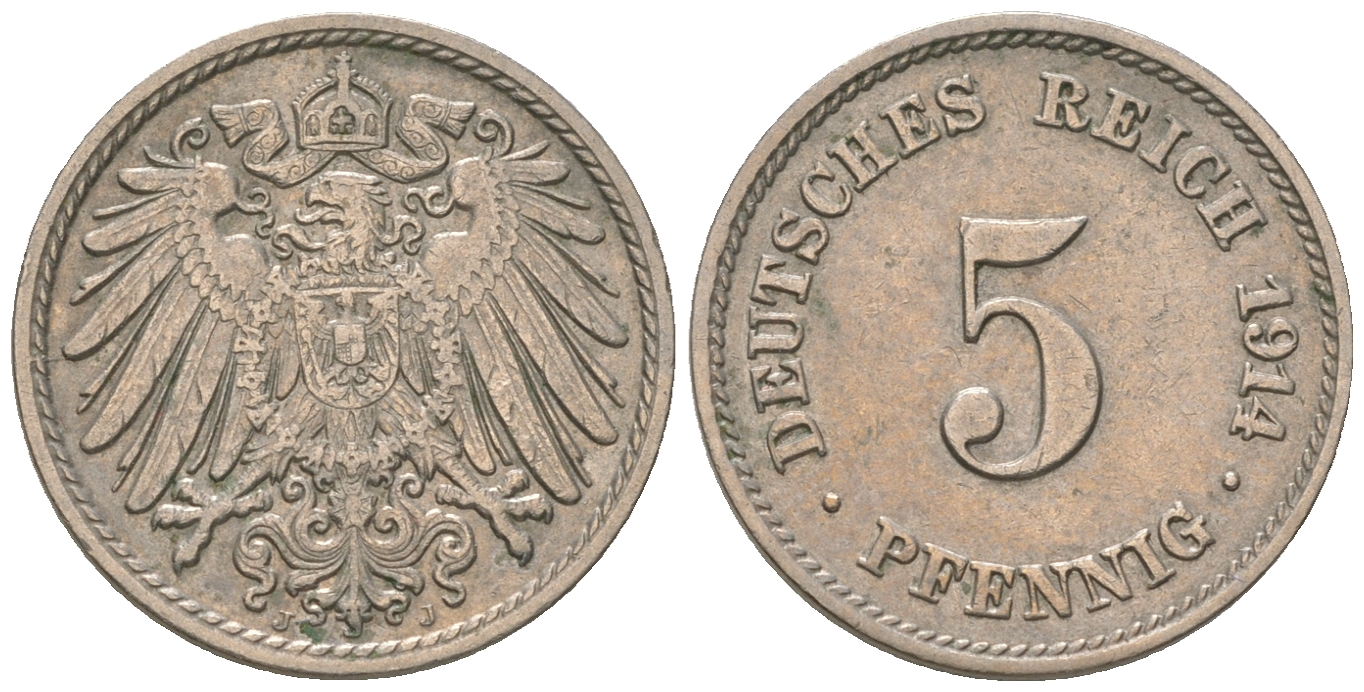 Германия 5 пфеннигов 1914 J, KM 11, J. 12 медно-никель 4164-659