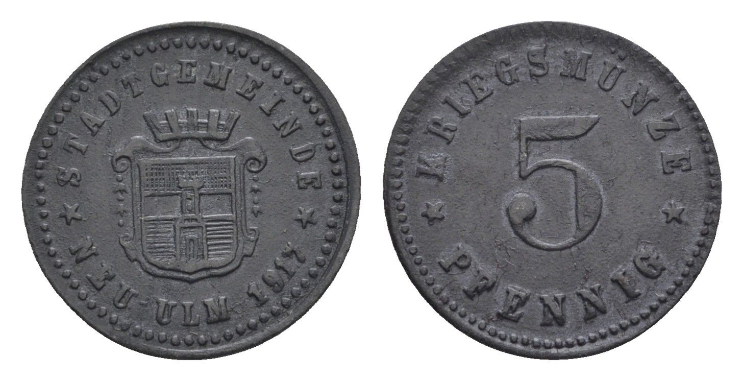 Ной-Ульм 5 пфеннигов 1917 Funck 378.1, Men18 23462.1 цинк 4516-116