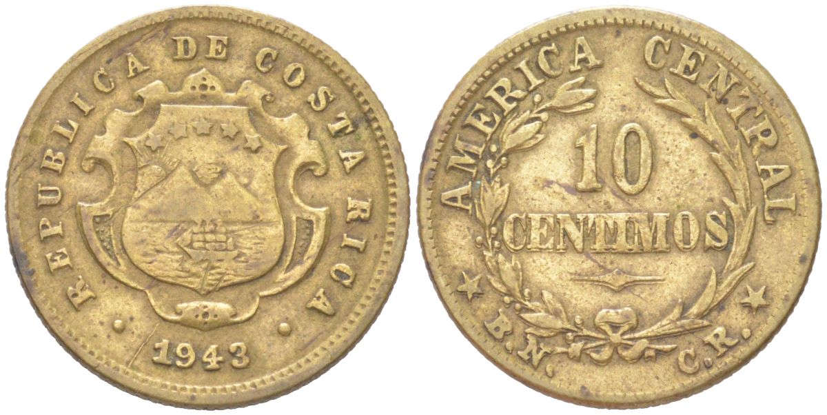 Коста-Рика 10 сентимо 1943 редкий год KM 180 латунь 4613-338