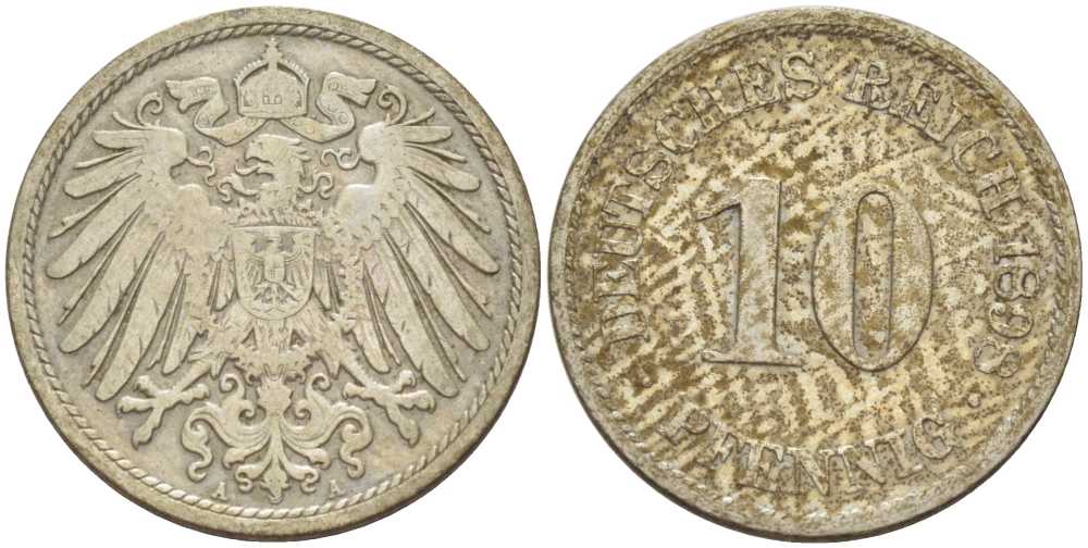 ГЕРМАНИЯ 10 ПФЕННИГОВ 1898 A KM 12, J. 13, Weege 8 медно-никель 261-1315