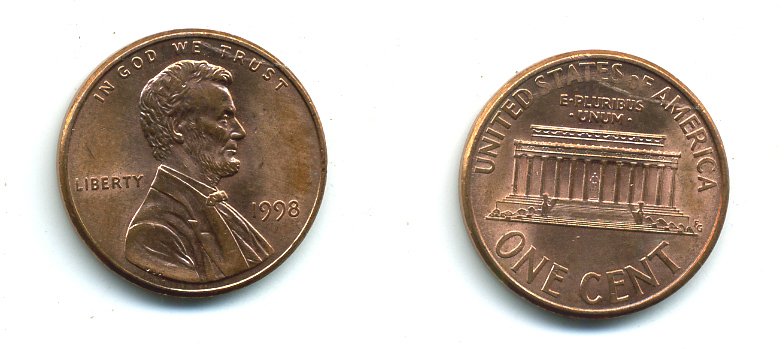 США 1 ЦЕНТ 1998 KM 201b цинк плакированный медью 4364-257