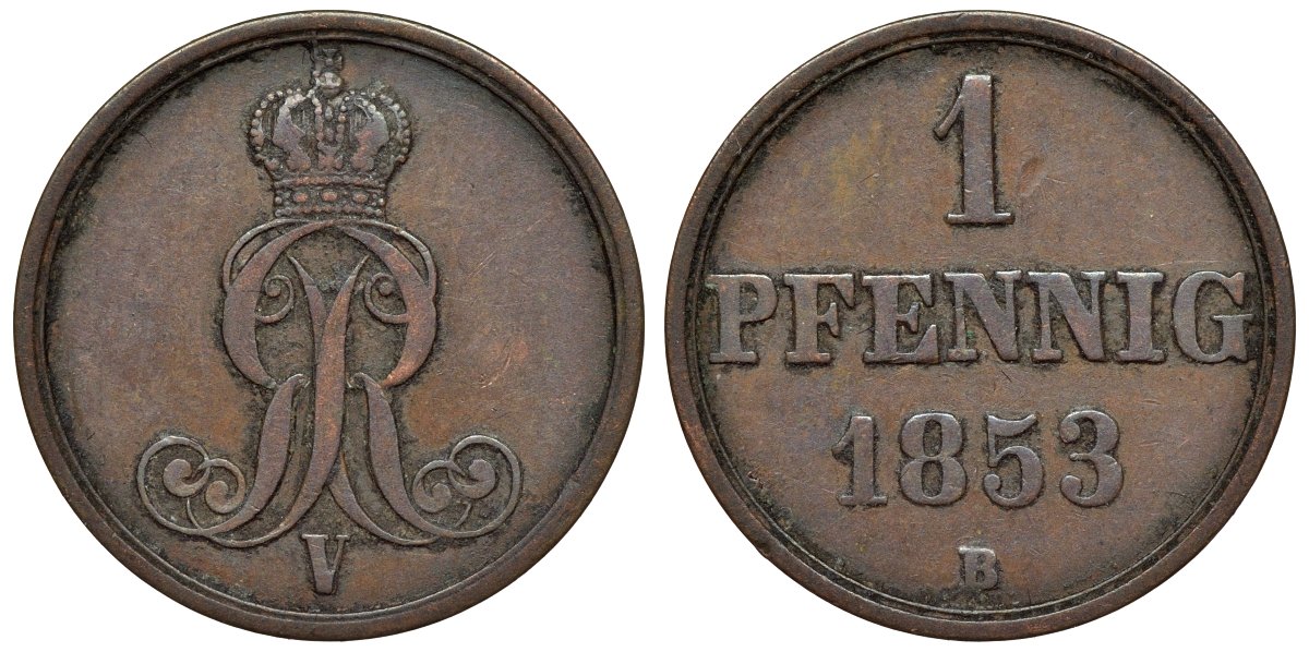 Ганновер 1 пфенниг 1853 B, Георг V KM 221, AKS 155, J. 83 медь 4594-518