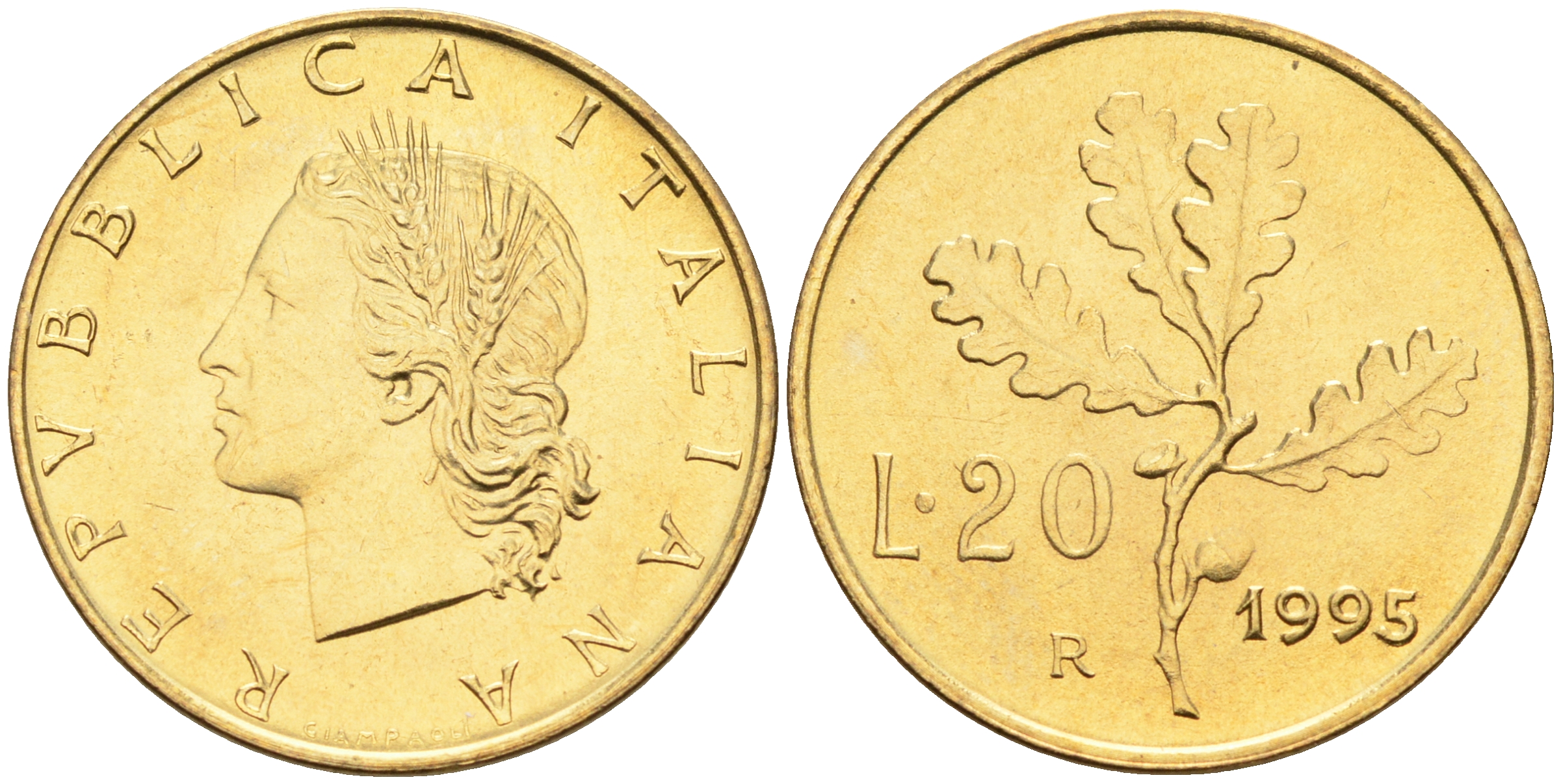 Италия 20 лир 1995 R, дубовый лист KM 97.2 алюминиевая бронза  UNC  4594-946