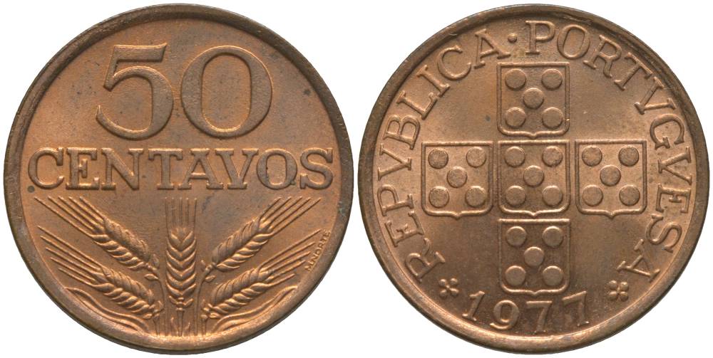 ПОРТУГАЛИЯ 50 СЕНТАВО 1977 KM 596 бронза UNC 181-347