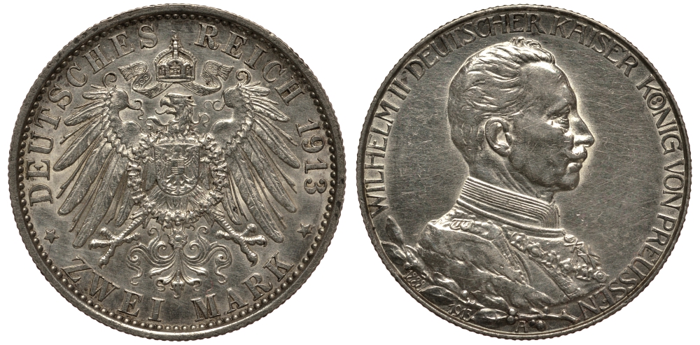 Пруссия 2 марки 1913 A, Вильгельм II (1888-1918), 25 лет правления (мундир) Weege 111, J. 111, KM 533 серебро 3711-822