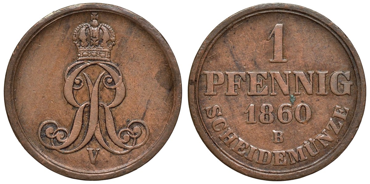 Ганновер 1 пфенниг 1860 B, Георг V KM 233, AKS 156, J. 90 медь 4594-445
