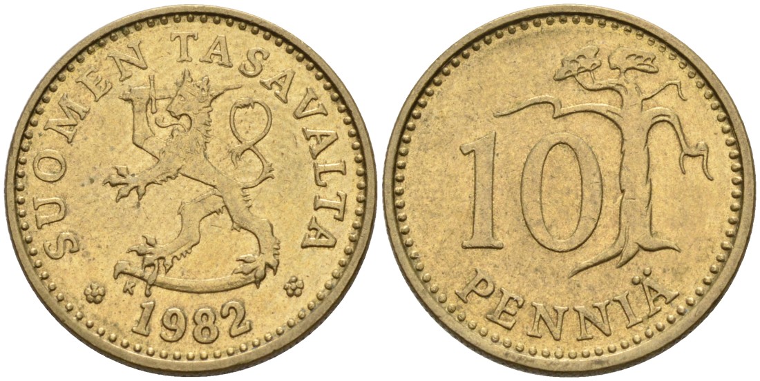 ФИНЛЯНДИЯ 10 ПЕННИ 1982 K KM 46 алюминиевая бронза 192-1047