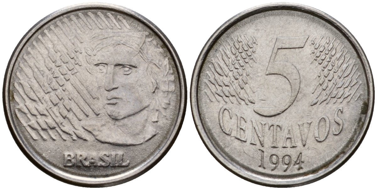 Бразилия 5 сентаво 1997 реформа 1994-, голова свободы влево KM 632 нержавеющая сталь 217-1146