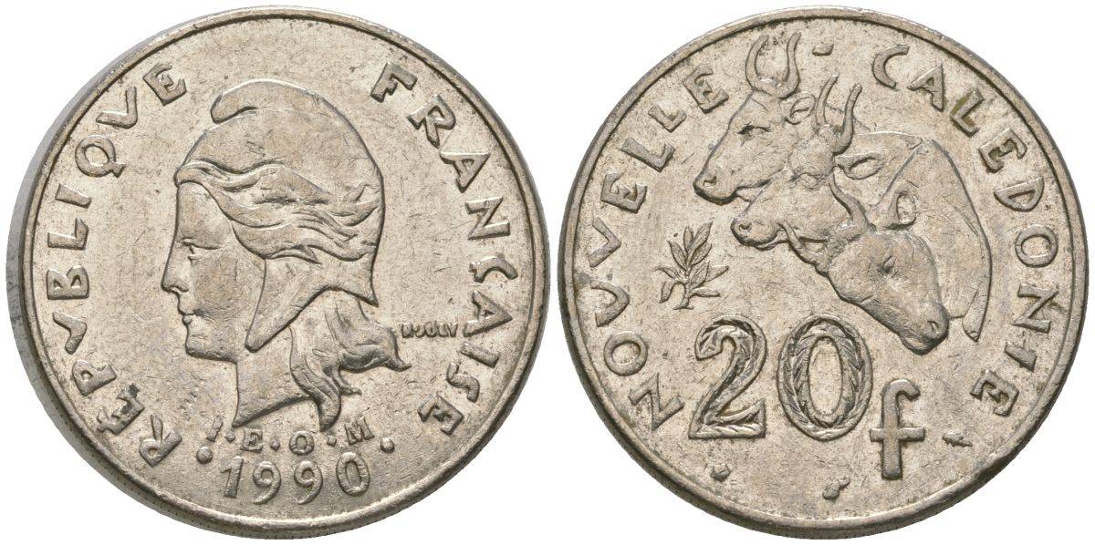 Французская Новая Каледония 20 франков 1990 три быка, (IEOM) KM 12, Schoen 14, Lec 113 никель 4131-125