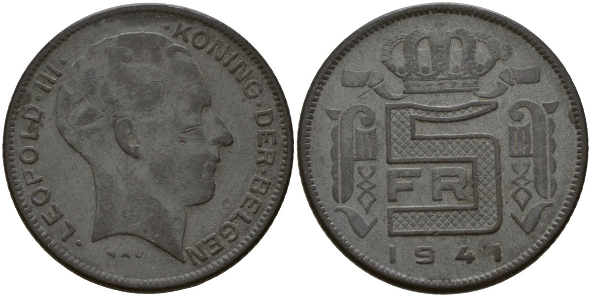 Бельгия 5 франков 1941 DES BELGEN, Леопольд III (1934-1947) KM 129 цинк 4161-931