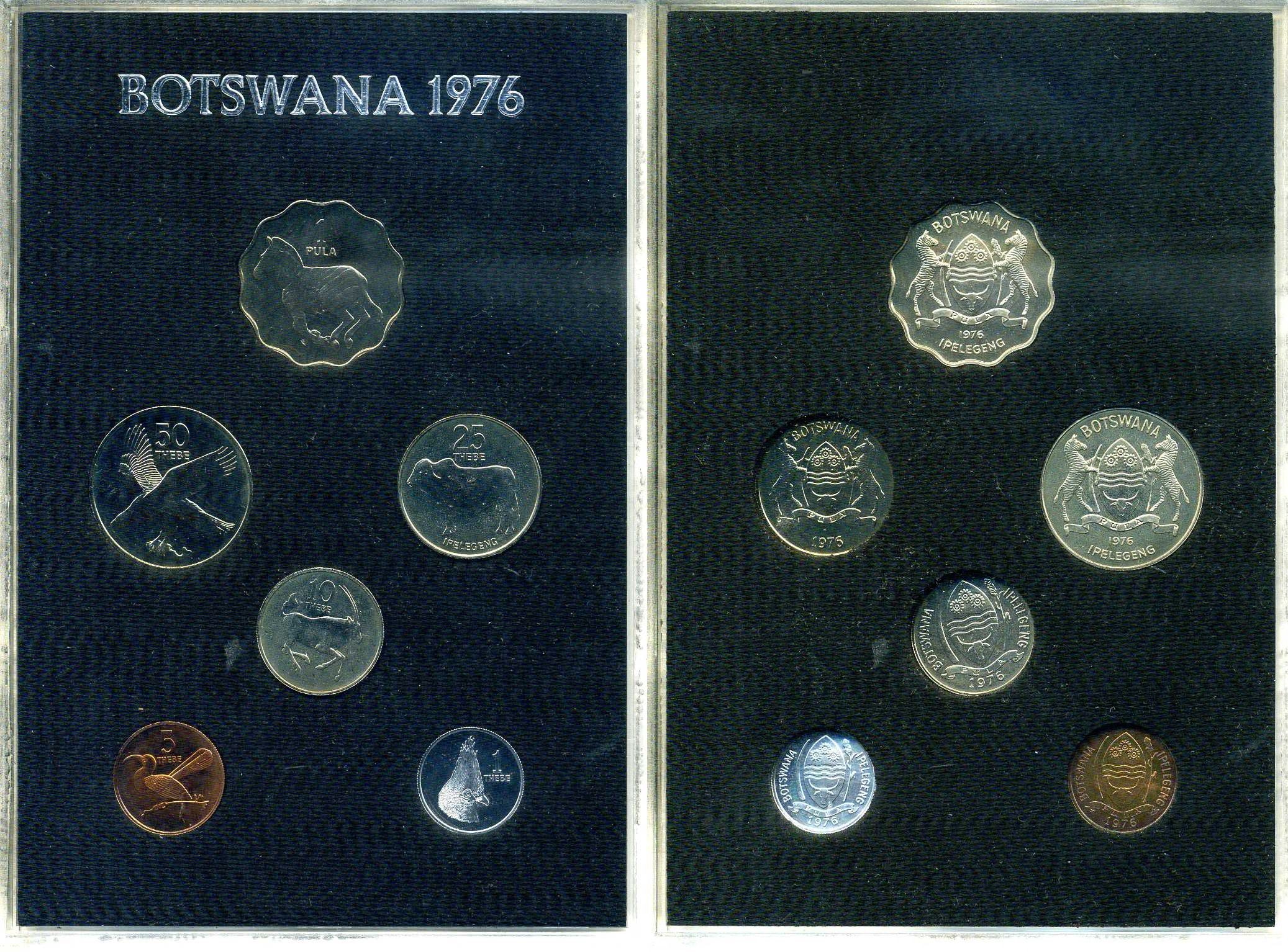 Ботсвана официальный набор из 6 монет (1, 5, 10, 25 и 50 тхебе; 1 пула) 1976 в оригинальной пластиковой упаковке KM PS1 (3, 4, 5, 6, 7 и 8) PROOF 2-5-2-28