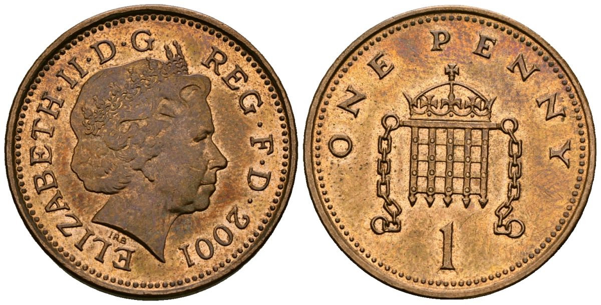 Великобритания 1 пенни 2001 Елизавета II (1952-2022) KM 986, Spink 4710 (B5) сталь плакированная медью 4176-636