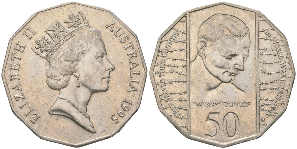 Австралия 50 центов 1995 50 лет со дня окончания Второй Мировой войны KM 294 медно-никель aUNC 4157-1012