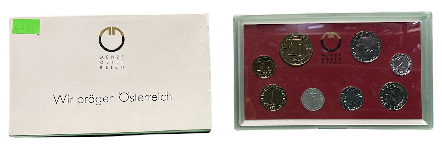 Австрия набор из 8 монет 1993 официальный набор, 2, 5, 10, 50 грошей, 1, 5, 10, 20 шиллингов, девять провинций Австрии, в пластике KM MS 2 UNC 6-6-2-10
