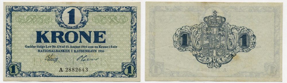 Дания 1 крона 1916 серия А Pick 12 b бумага aUNC 7484-10-2-2