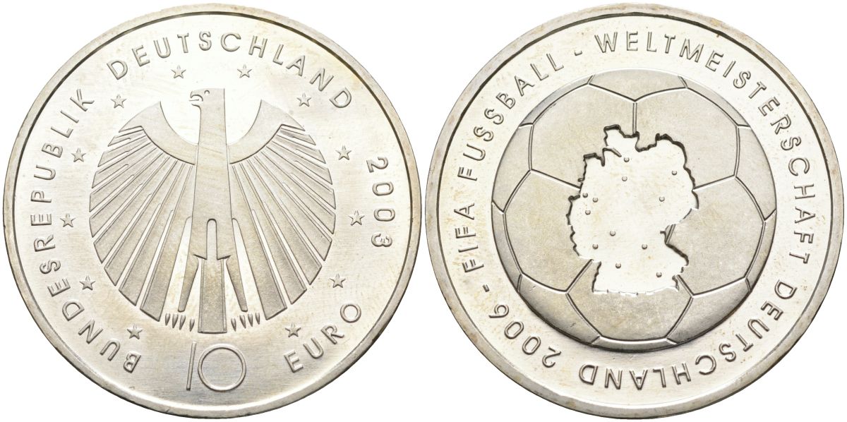 ФРГ 10 евро 2003 чемпионат мира по футболу 2006 года в Германии, первая монета KM 223 серебро PROOF 02-036-12