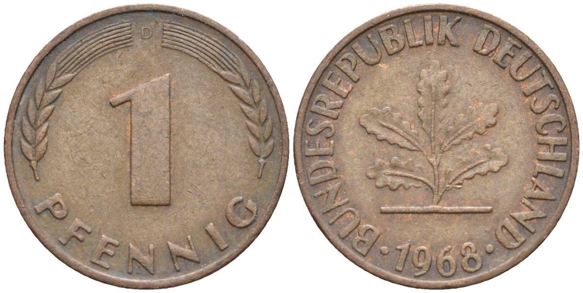 ФРГ 1 пфенниг 1968 G KM 105, J.380 сталь плакированная медью 4174-615