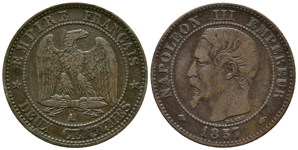 ФРАНЦИЯ 2 САНТИМА 1857 А, НАПОЛЕОН III KM 776.1 бронза 34-1154