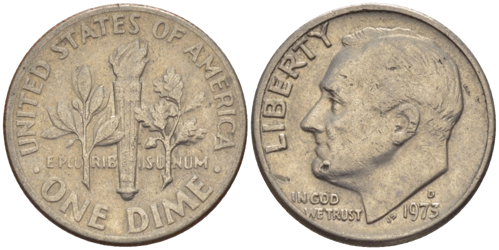 США 10 ЦЕНТОВ = 1 ДАЙМ 1973 D, РУЗВЕЛЬТ KM 195а медь плакированная медно-никелем 66-1116