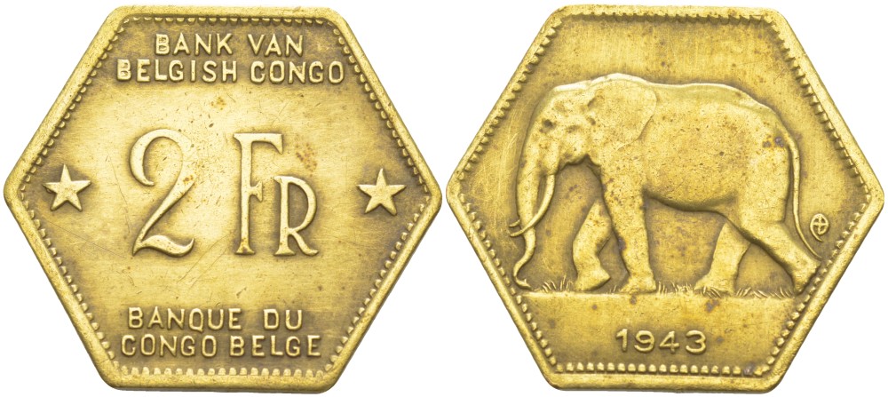 Бельгийское Конго 2 франка 1943 слон, шестиугольная, год тип KM 25 латунь 4541-942