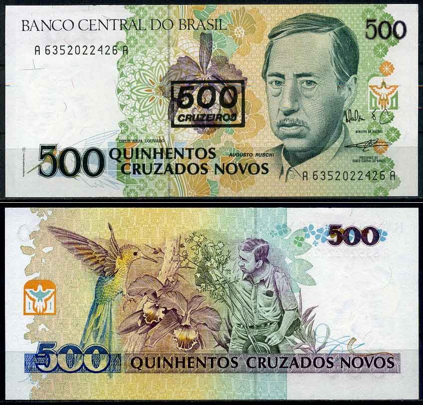 Бразилия 500 крузейро 1989 надпечатка на 500 крузадо, серия А 6352, Аугусто Руши, биолог Pick 226 b бумага UNC (пресс) 2197-45-3-1