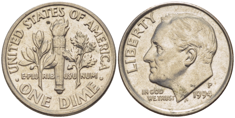 США 10 ЦЕНТОВ = 1 ДАЙМ 1994 P, РУЗВЕЛЬТ KM 195а медь плакированная медно-никелем 66-1126