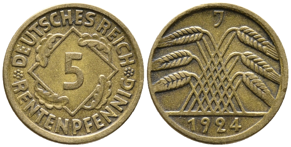 ГЕРМАНИЯ 5 РЕНТЕНПФЕННИГОВ 1924 J KM 32, J. 308 алюминиевая бронза 39-528
