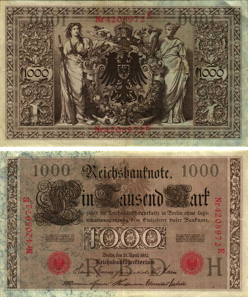 ГЕРМАНИЯ 1000 МАРОК 1910 21 АПРЕЛЯ 1910, СЕМИЗНАЧНЫЙ НОМЕР, СЕРИЯ E Pick 44b бумага 8610-29-1