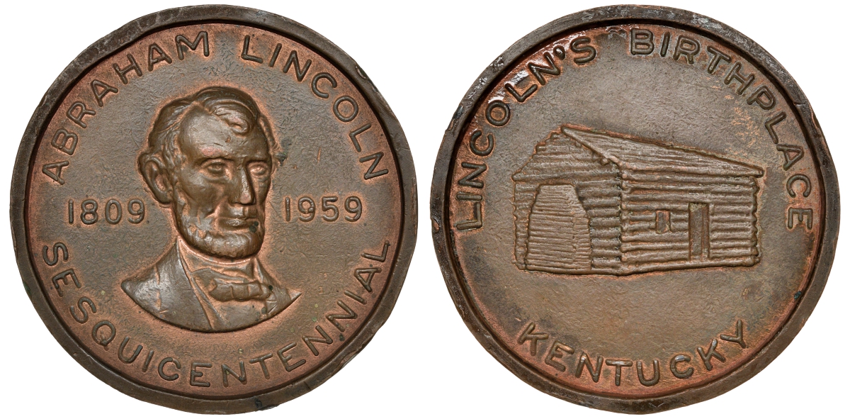 США медаль 1959 Авраам Линкольн, дом рождения в Кентукки, 75,5 мм, 58,62 гр  бронза    8-1-07-06