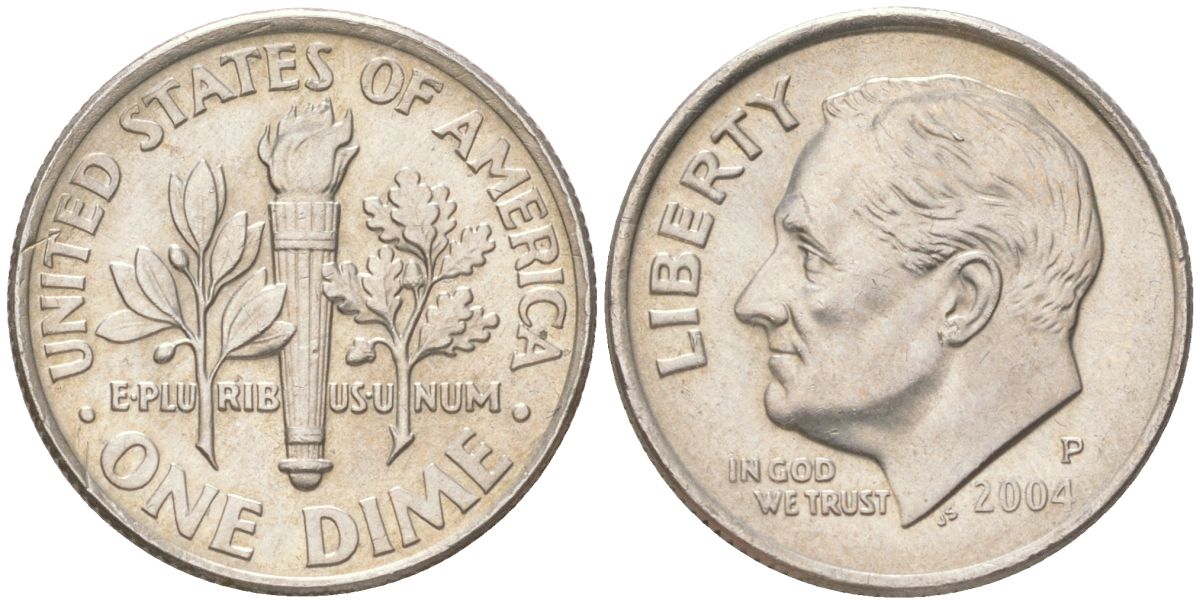 США 10 центов (дайм) 2004 P, Рузвельт KM 195a медь плакированная медно-никелем UNC 4613-828