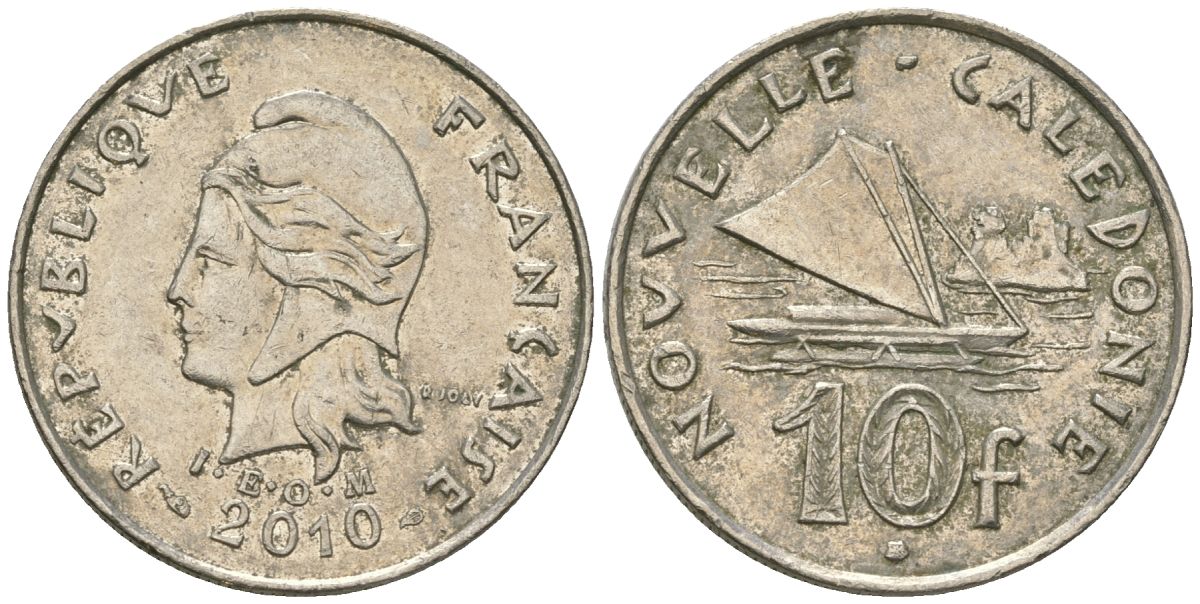 Французская Новая Каледония 10 франков 2010 рыбачья парусная лодка, (IEOM) KM 11a, Schoen 13a, Lec 99k медно-никель 63-417