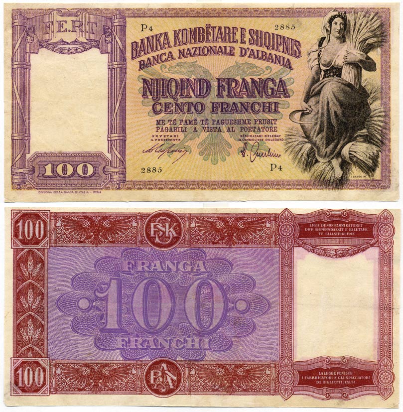 Албания 100 франгов (франков) 1940 Итальянская оккупация Pick 8 бумага 451-247-1